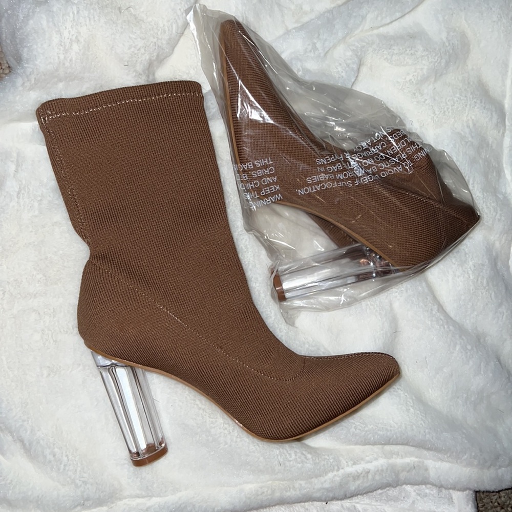 Light brown sock booties with clear 3.5 in heel fashion nova